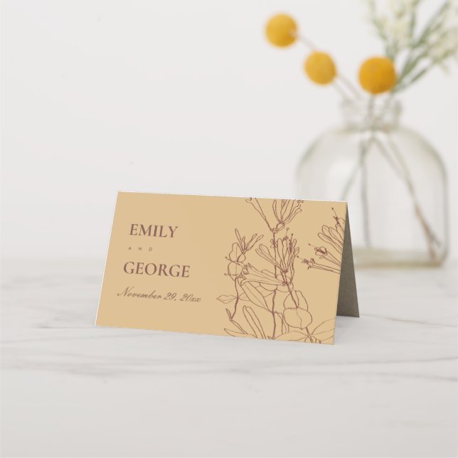 MODERN YELLOW OCHRE RUSTIC LINE DRAWING FLORAL PLACE CARD (Back)