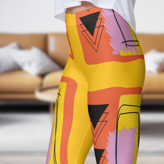 Modern Yellow Orange Abstract Block Pattern Leggings