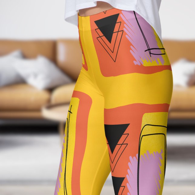 Modern Yellow Orange Abstract Block Pattern Leggings (Abstract Block on Yellow Orange)
