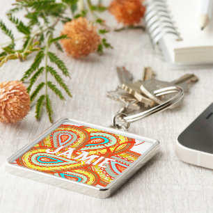 Modern Yellow Orange Aqua Mint Paisley Gifts Key Ring