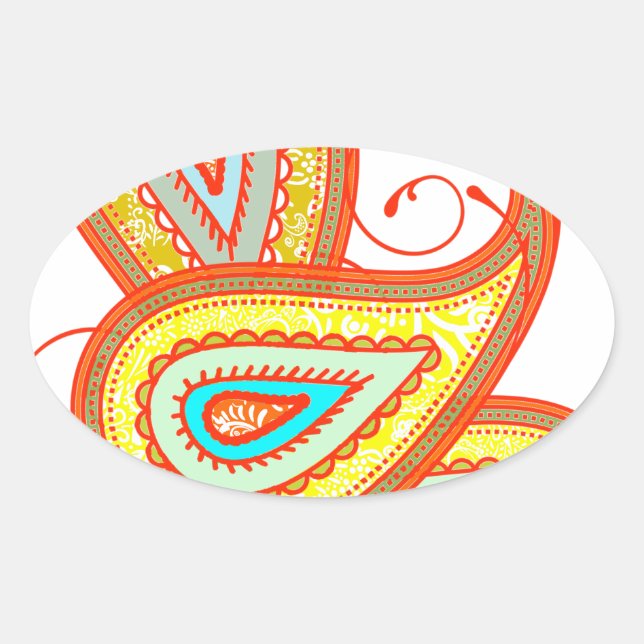 Modern Yellow Orange Aqua Mint Paisley Gifts Oval Sticker (Front)