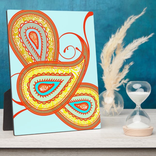 Modern Yellow Orange Aqua Mint Paisley Gifts Plaque (Side)
