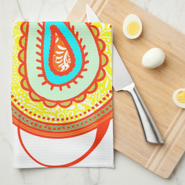 Modern Yellow Orange Aqua Mint Paisley Gifts Tea Towel (Quarter Fold)