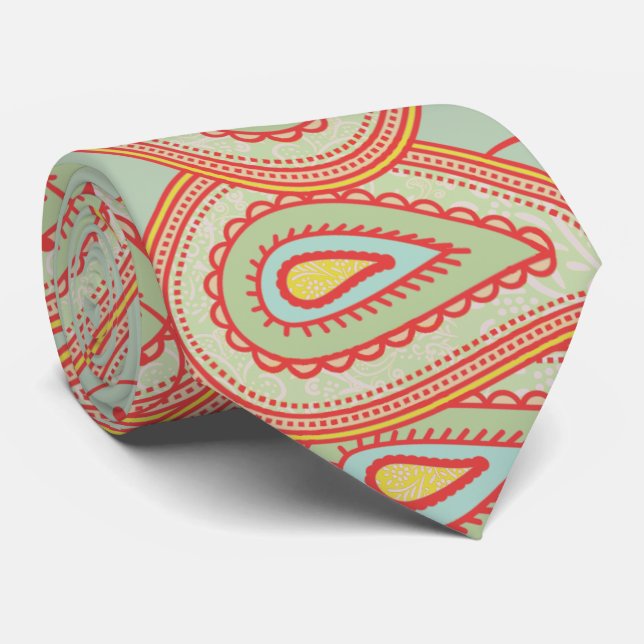 Modern Yellow Orange Aqua Mint Paisley Gifts Tie (Rolled)