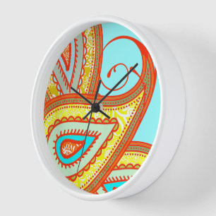 Modern Yellow Orange Aqua Mint Paisley Gifts Wall Clock