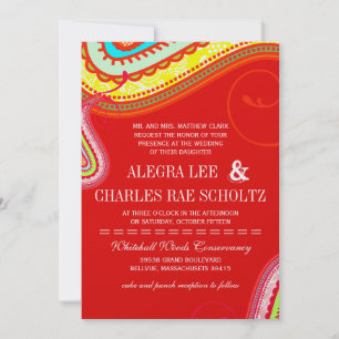 Modern Yellow Orange Aqua Mint Red Paisley Wedding Invitation