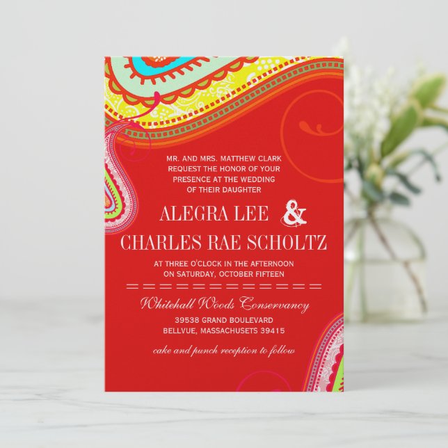 Modern Yellow Orange Aqua Mint Red Paisley Wedding Invitation (Standing Front)