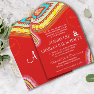 Modern Yellow Orange Aqua Mint Red Paisley Wedding Invitation