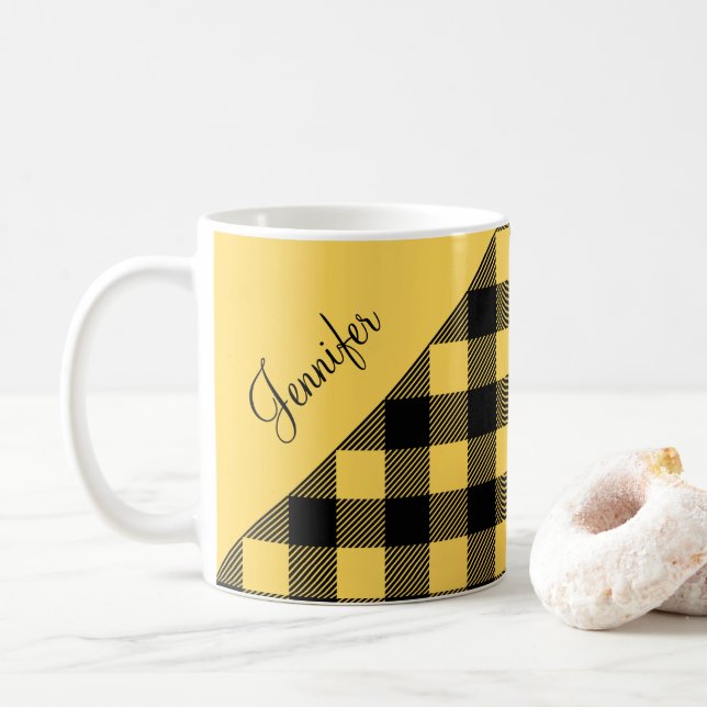 Modern Yellow Plaid Check Pattern Name Coffee Mug (With Donut)
