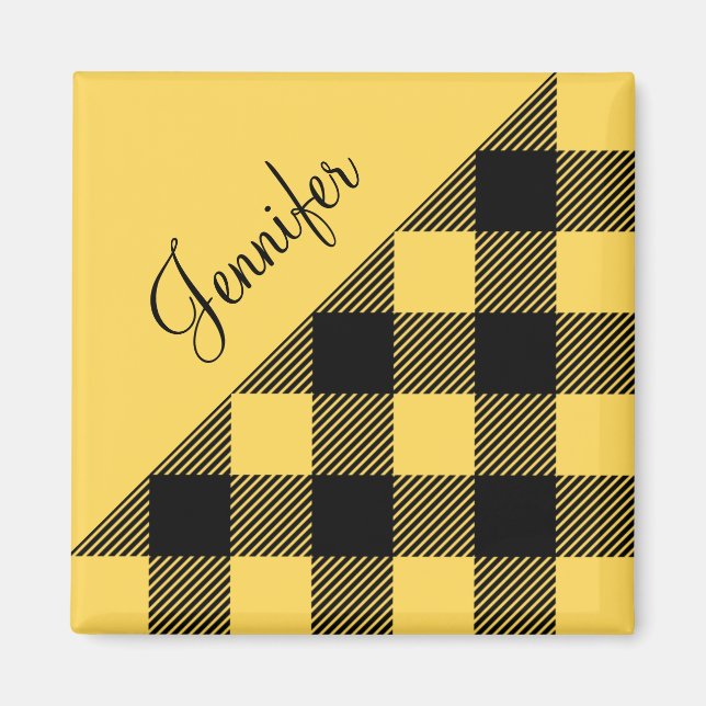 Modern Yellow Plaid Check Pattern Name Magnet (Front)