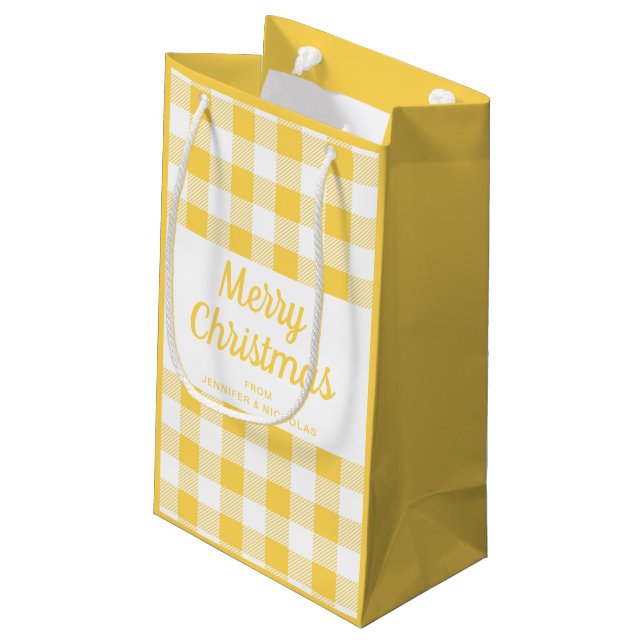 Modern Yellow Plaid Christmas Small Gift Bag (Back Angled)