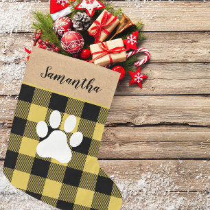 Modern Yellow Plaid & Name Dog Paw Large Christmas Stocking