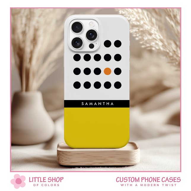 Modern Yellow Polka Dot Colour Block Monogram iPhone 15 Case (Creator Uploaded)