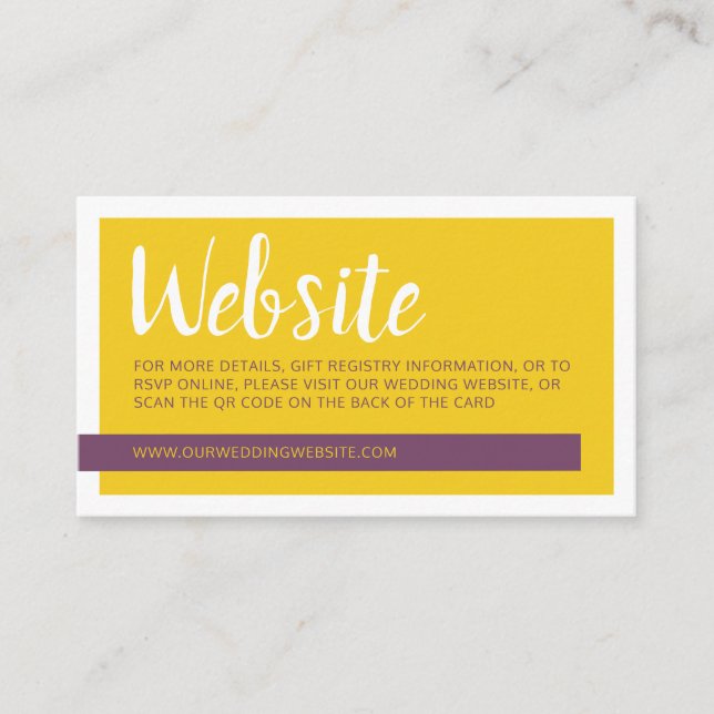 Modern yellow purple with QR code wedding website Enclosure Card (Front)