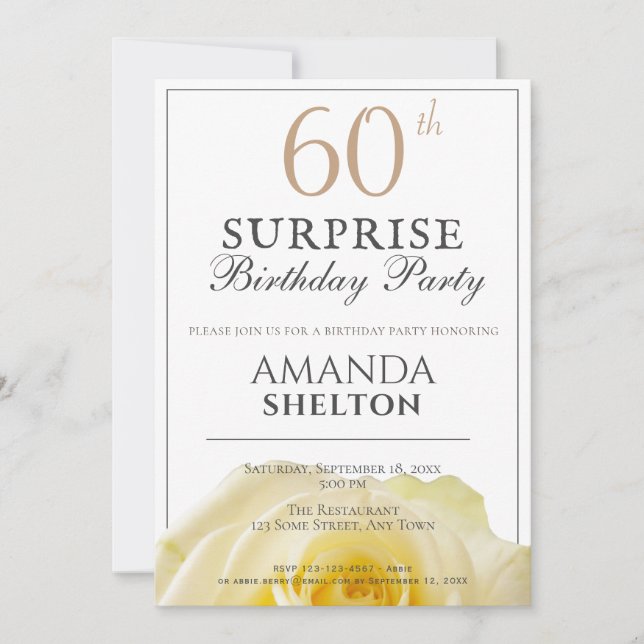 Modern Yellow Rose 60th Surprise Birthday Party Invitation (Front)