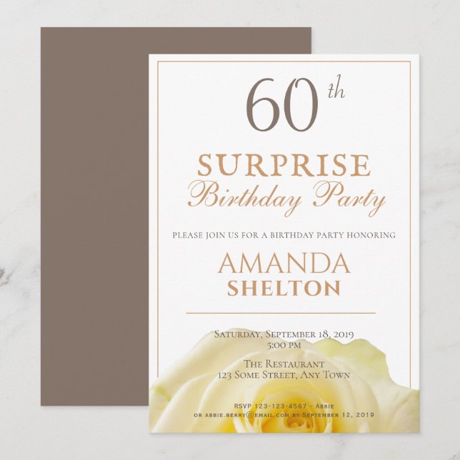 Modern Yellow Rose 60th Surprise Birthday Party Invitation (Front/Back)