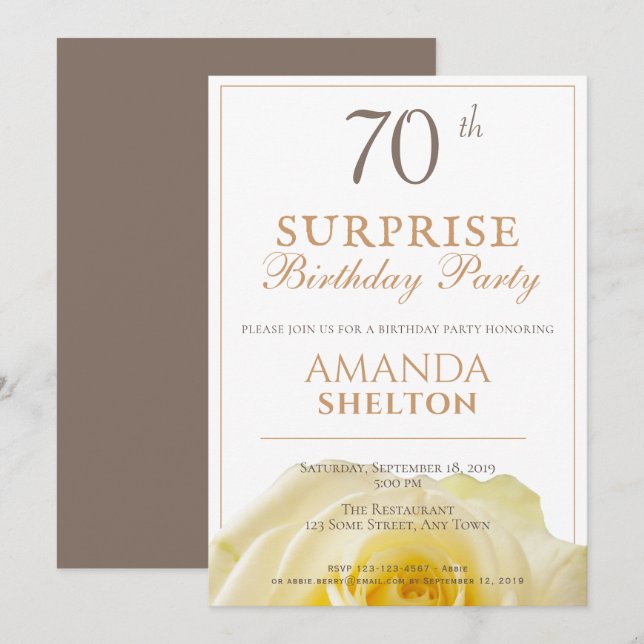 Modern Yellow Rose 70th Surprise Birthday Party Invitation (Front/Back)