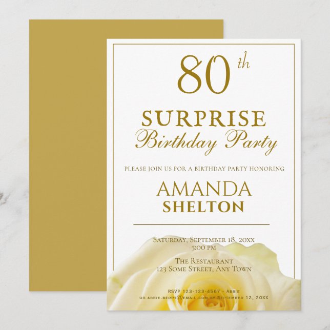 Modern Yellow Rose 80th Surprise Birthday Party Invitation (Front/Back)