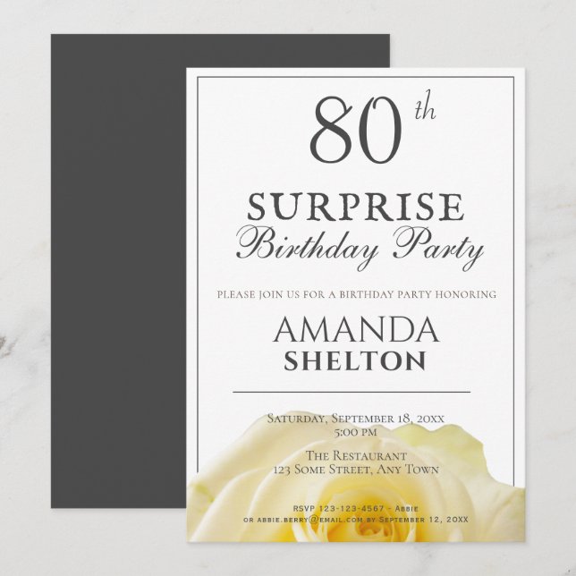Modern Yellow Rose 80th Surprise Birthday Party Invitation (Front/Back)