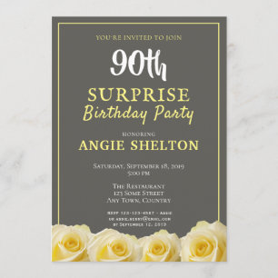 Modern Yellow Rose 90th Surprise Birthday Party Invitation