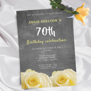 Modern Yellow Rose Chalkboard 70th Birthday Party Invitation