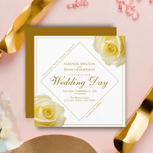 Modern Yellow Rose Golden Script Floral Wedding Invitation