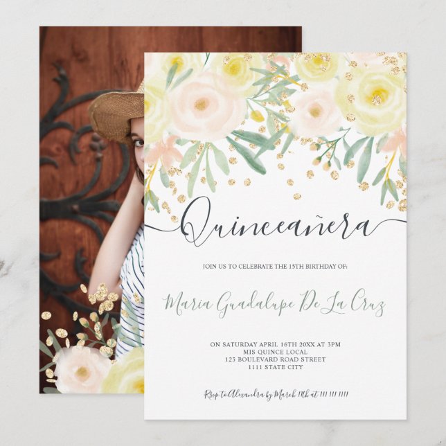 Modern yellow rose green floral gold Quinceanera Invitation (Front/Back)