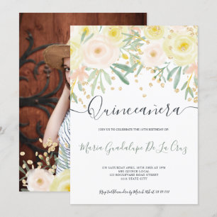 Modern yellow rose green floral gold Quinceanera Invitation
