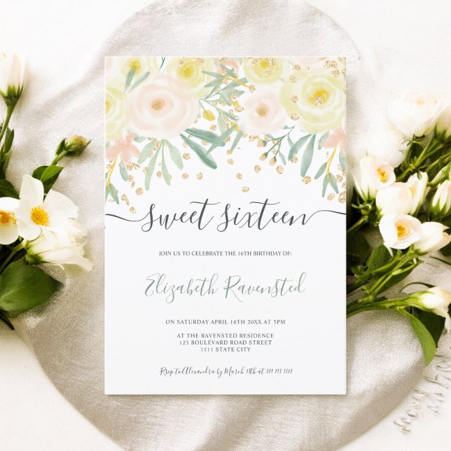 Modern yellow rose green floral gold sweet sixteen invitation (Modern yellow rose green floral gold sweet sixteen invitation)