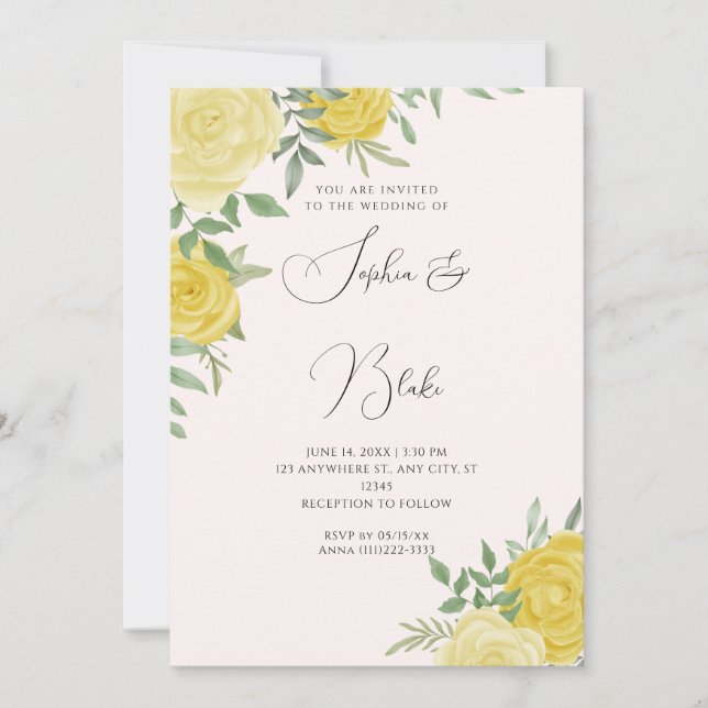 Modern Yellow Roses Elegant Blush Wedding Invitation (Front)