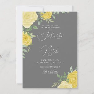 Modern Yellow Roses Elegant Grey Wedding Invitation