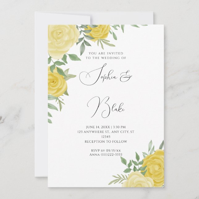 Modern Yellow Roses Elegant White Wedding Invitation (Front)