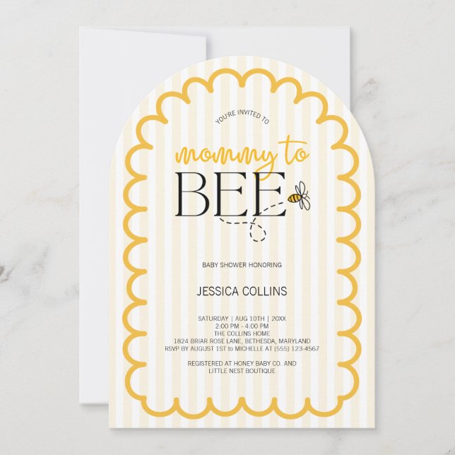 Modern Yellow Script Arch Mummy to Bee Baby Shower Invitation (Front)