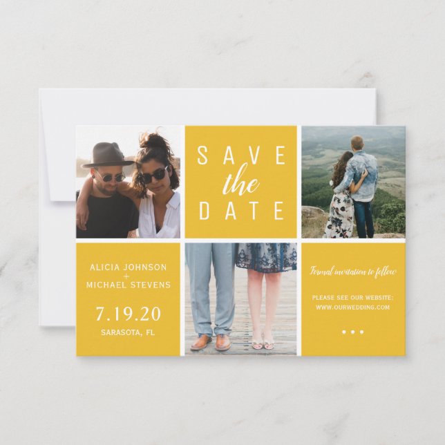 Modern yellow simple 3 photo collage wedding save the date (Front)