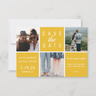 Modern yellow simple 3 photo collage wedding save the date