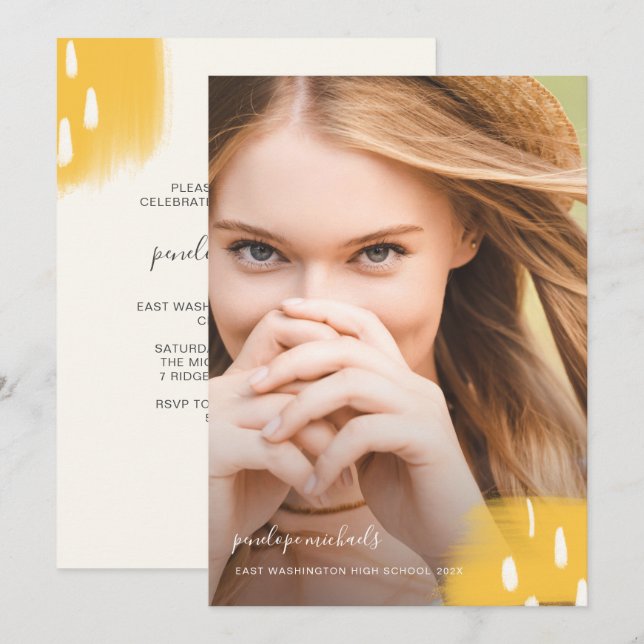 Modern Yellow Splashes One Photo Graduation Party Invitation (Front/Back)