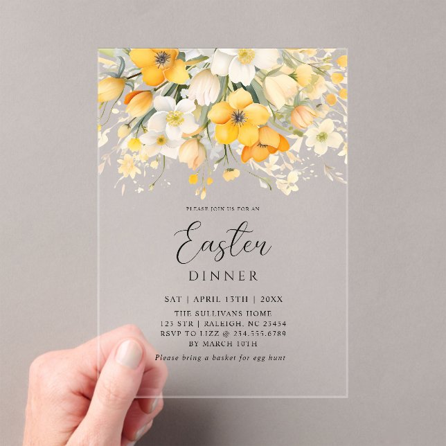 Modern Yellow Spring Floral Easter Dinner Acrylic Invitations (Insitu (Handheld))