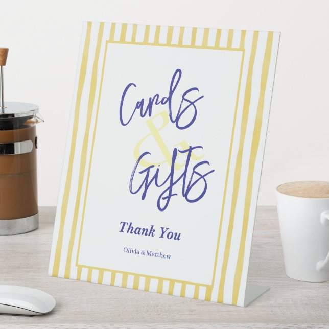 Modern Yellow Stripe Hand Drawn Wedding Pedestal Sign (In SItu)