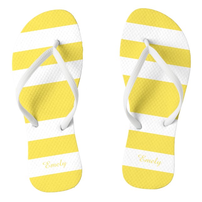 Modern Yellow Stripes Name Flip Flops (Footbed)