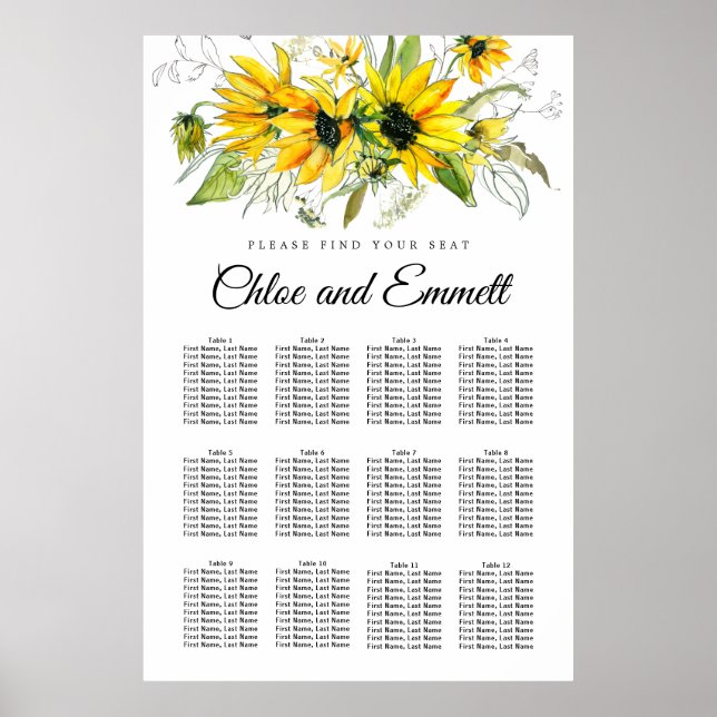 Modern Yellow Sunflower 12-Table Seating Chart (Front)