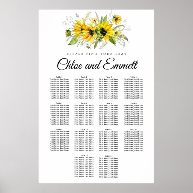 Modern Yellow Sunflower 14-Table Seating Chart (Front)