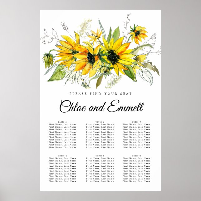 Modern Yellow Sunflower 6-Table Seating Chart (Front)