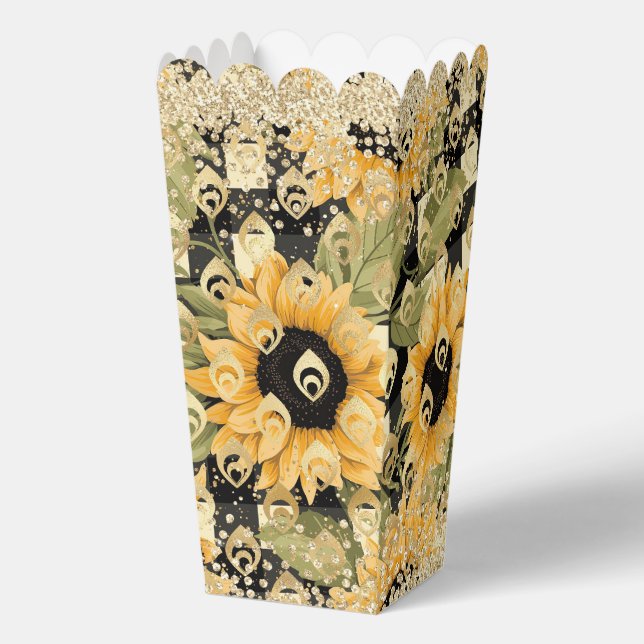 Modern Yellow Sunflower Chequerboard Gold Glitter Favour Box (Front)