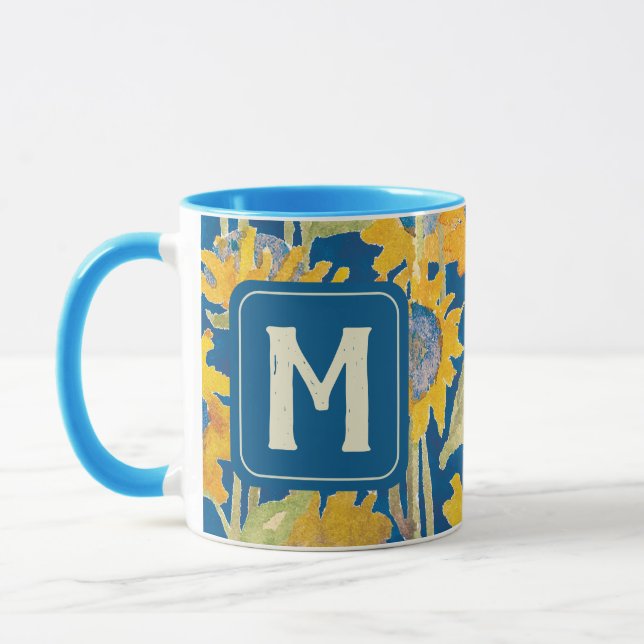Modern Yellow Sunflower Watercolor Floral Monogram Mug (Left)