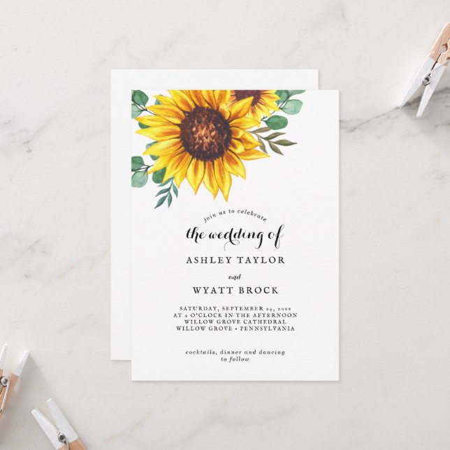 Modern Yellow Sunflower Wedding Invitation (Front/Back In Situ)