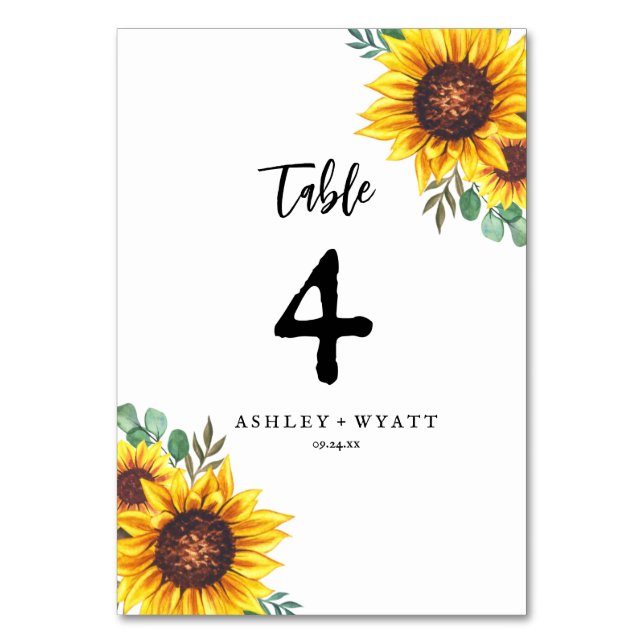 Modern Yellow Sunflower Wedding Table Number (Front)