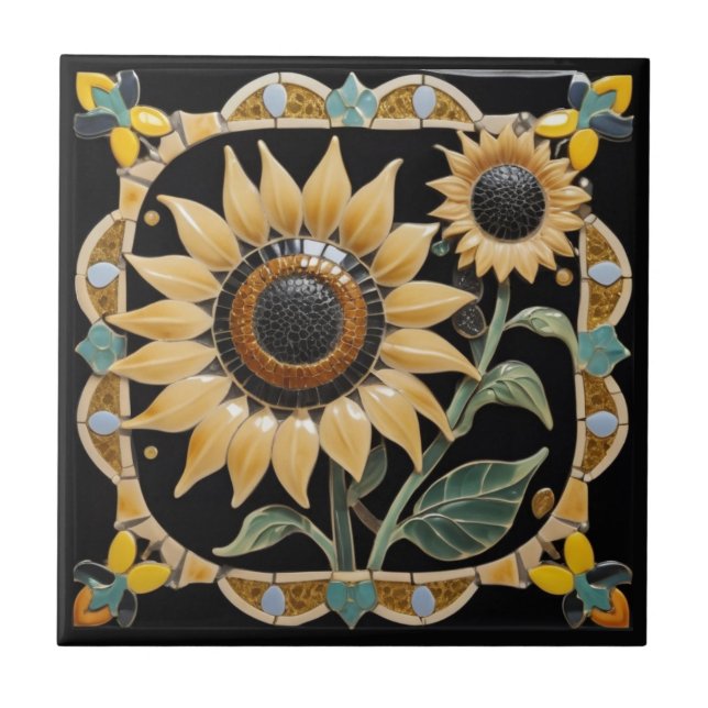 Modern Yellow Sunflowers on Black Tile (Front)