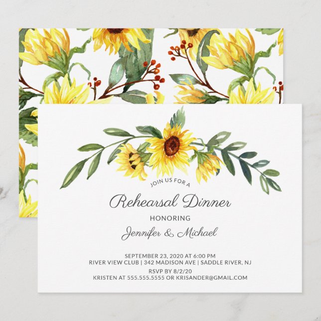 Modern Yellow Sunflowers Rehearsal Dinner Invitation (Front/Back)