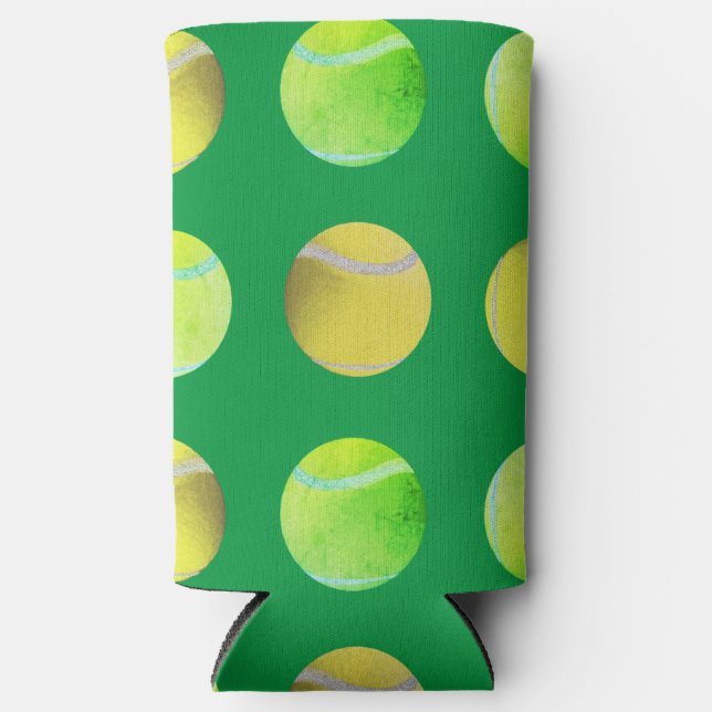 Modern Yellow Tennis Ball Pattern Player Green Seltzer Can Cooler (Front)