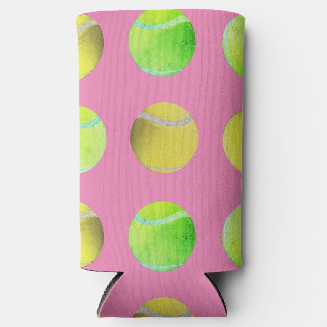 Modern Yellow Tennis Ball Pattern Player Pink Seltzer Can Cooler (Front)